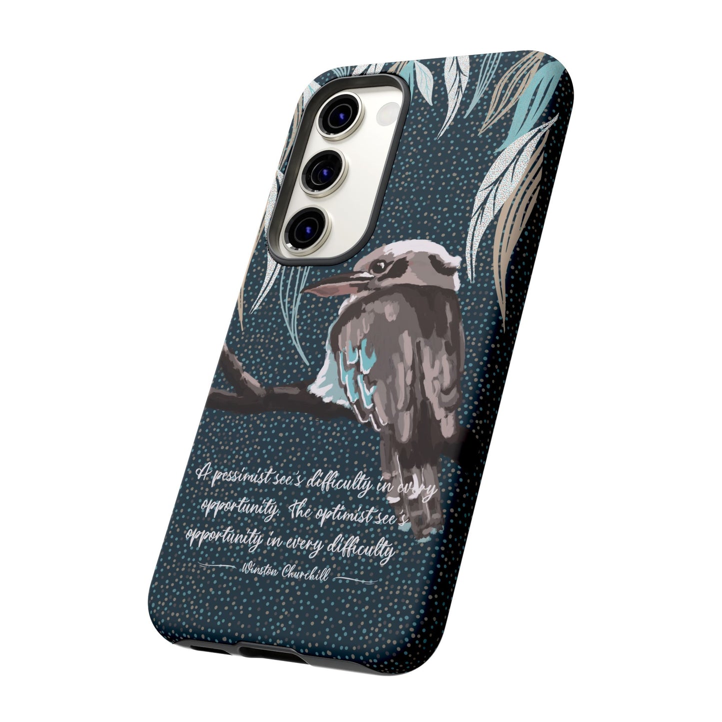 Phone tough case with hand drawn artwork and personalised text - Kookaburra design