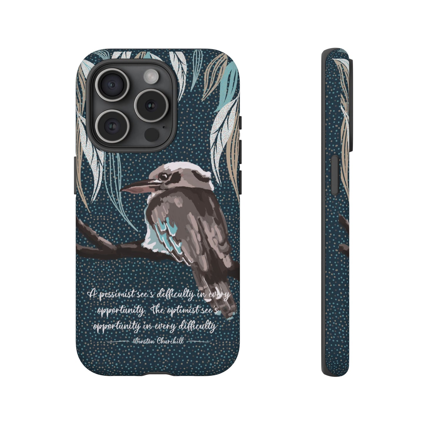 Phone tough case with hand drawn artwork and personalised text - Kookaburra design