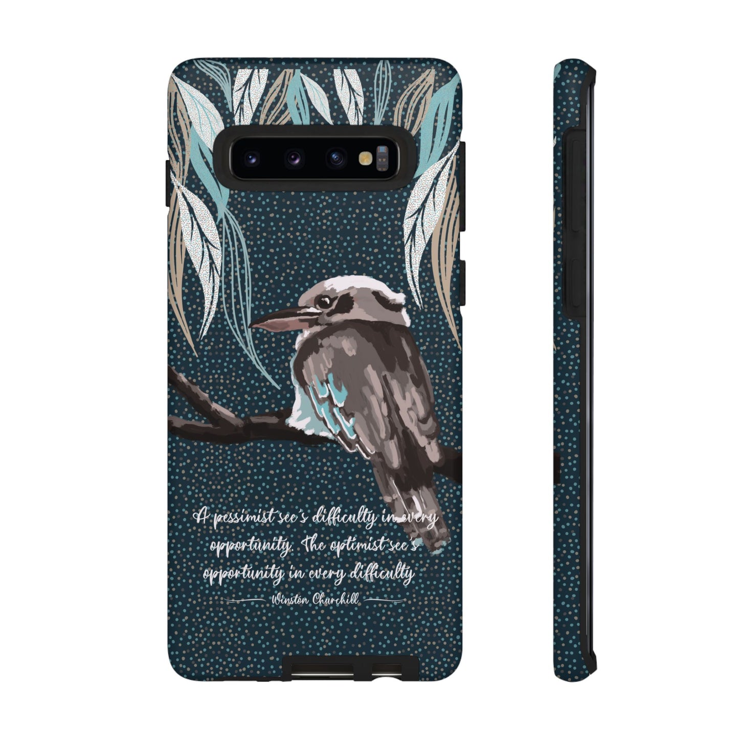 Phone tough case with hand drawn artwork and personalised text - Kookaburra design