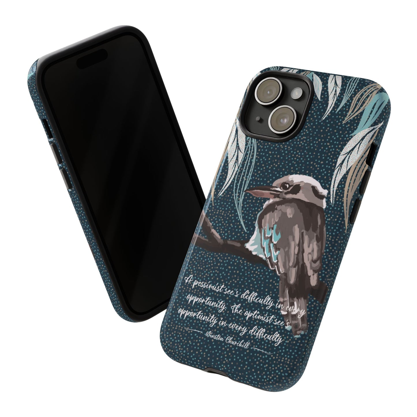 Phone tough case with hand drawn artwork and personalised text - Kookaburra design