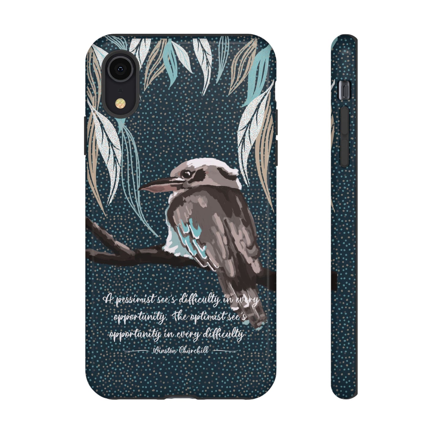 Phone tough case with hand drawn artwork and personalised text - Kookaburra design