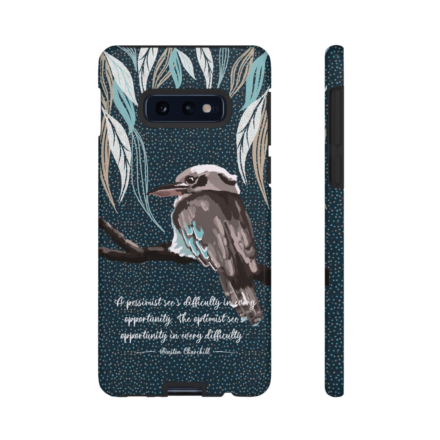 Phone tough case with hand drawn artwork and personalised text - Kookaburra design