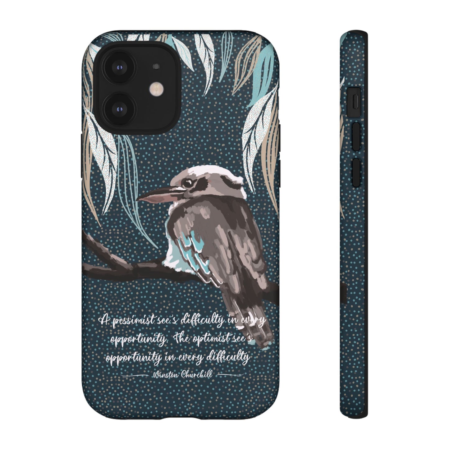 Phone tough case with hand drawn artwork and personalised text - Kookaburra design