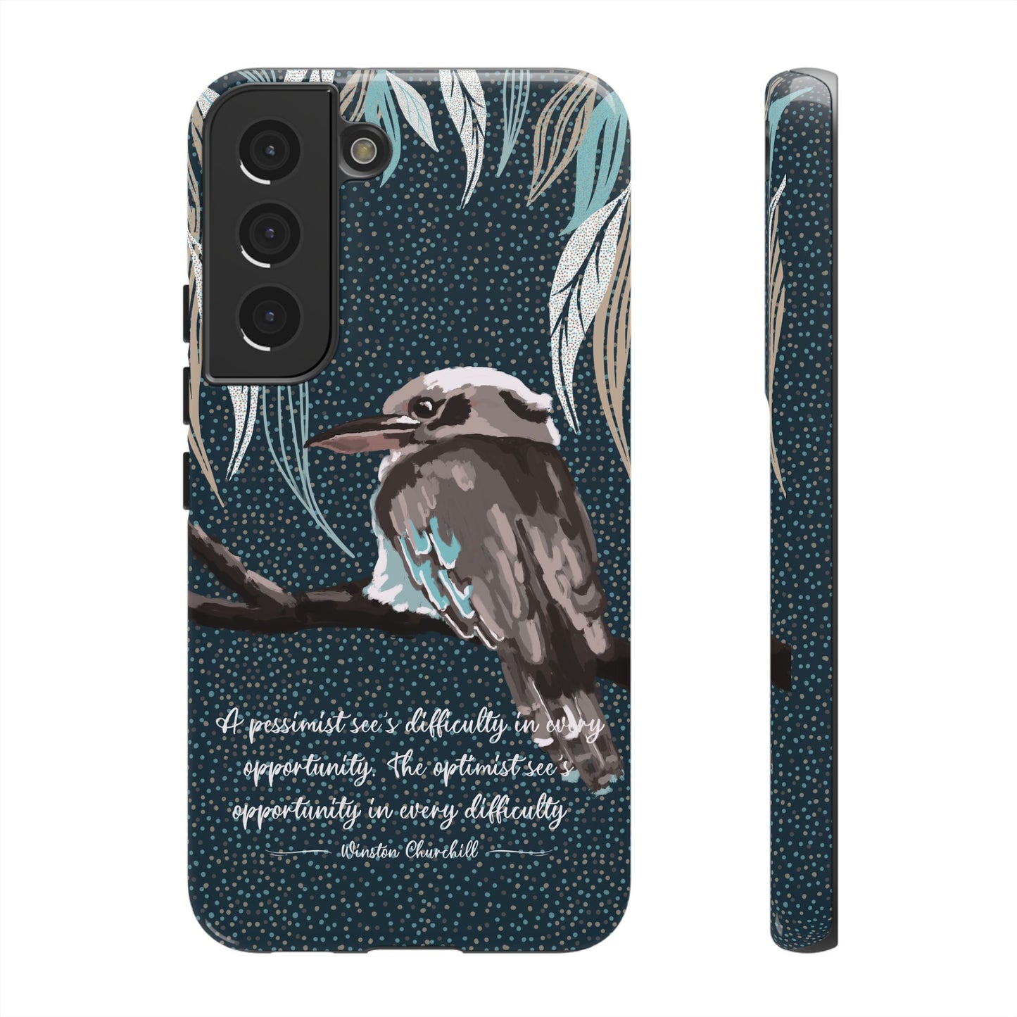 Phone tough case with hand drawn artwork and personalised text - Kookaburra design