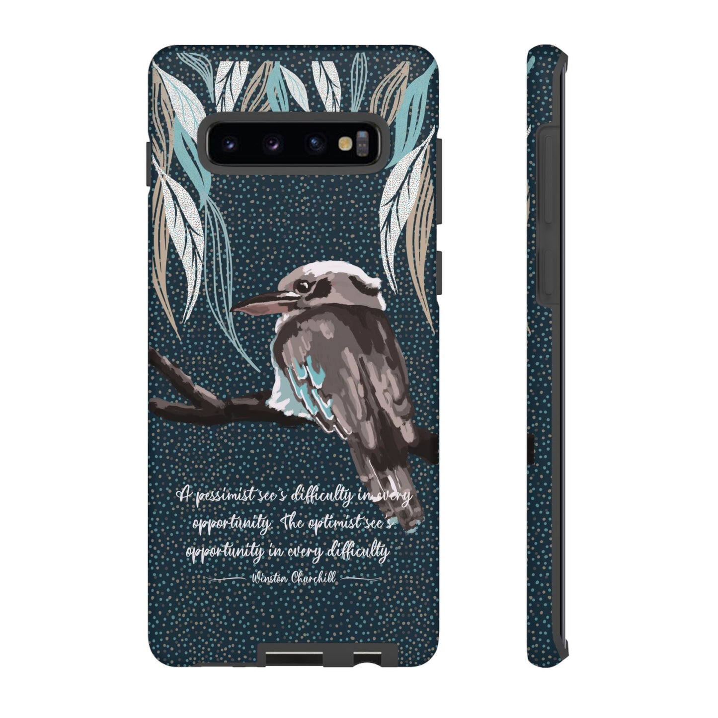 Phone tough case with hand drawn artwork and personalised text - Kookaburra design