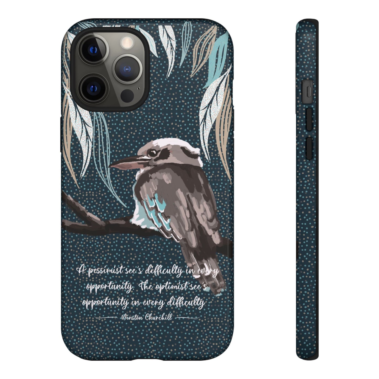 Phone tough case with hand drawn artwork and personalised text - Kookaburra design