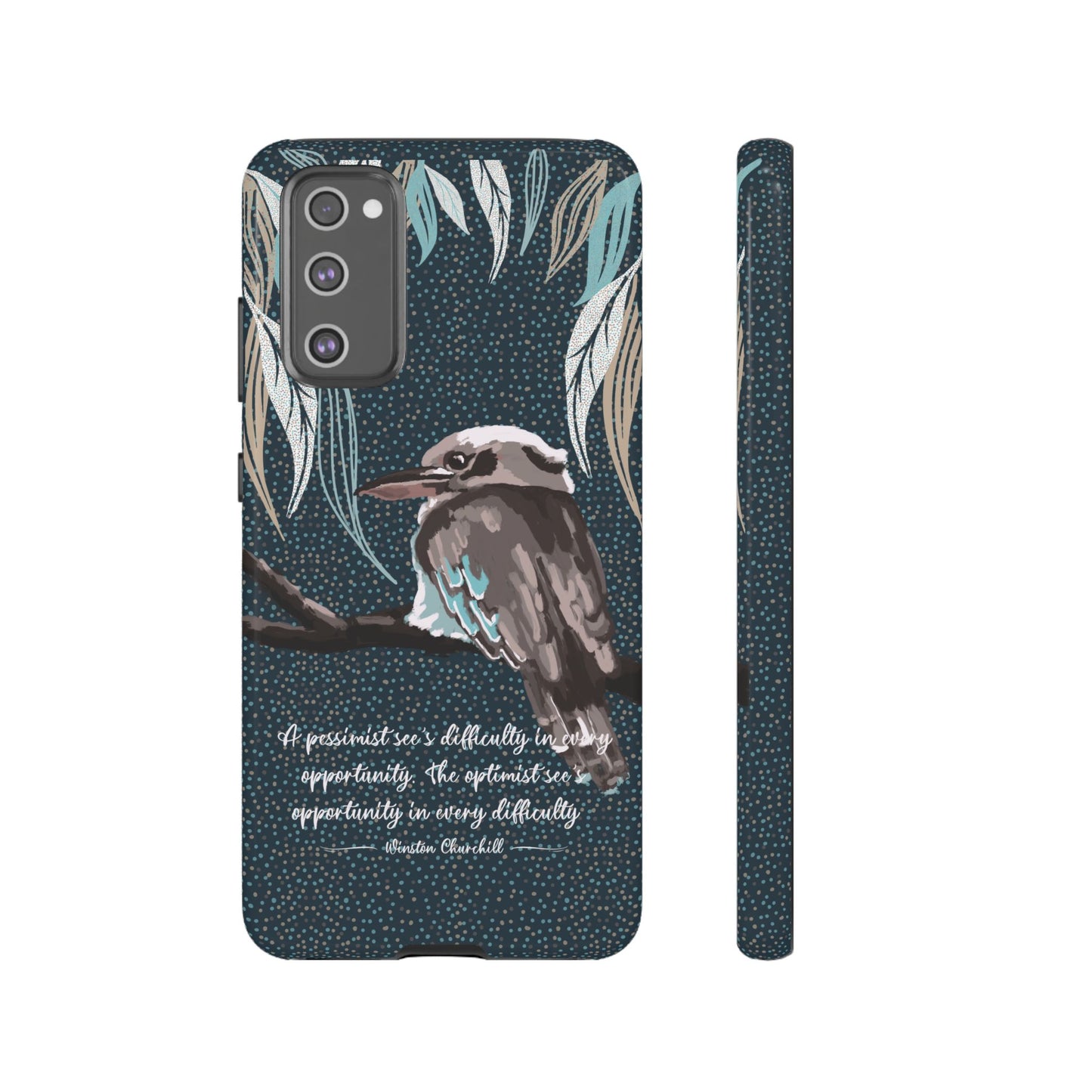 Phone tough case with hand drawn artwork and personalised text - Kookaburra design