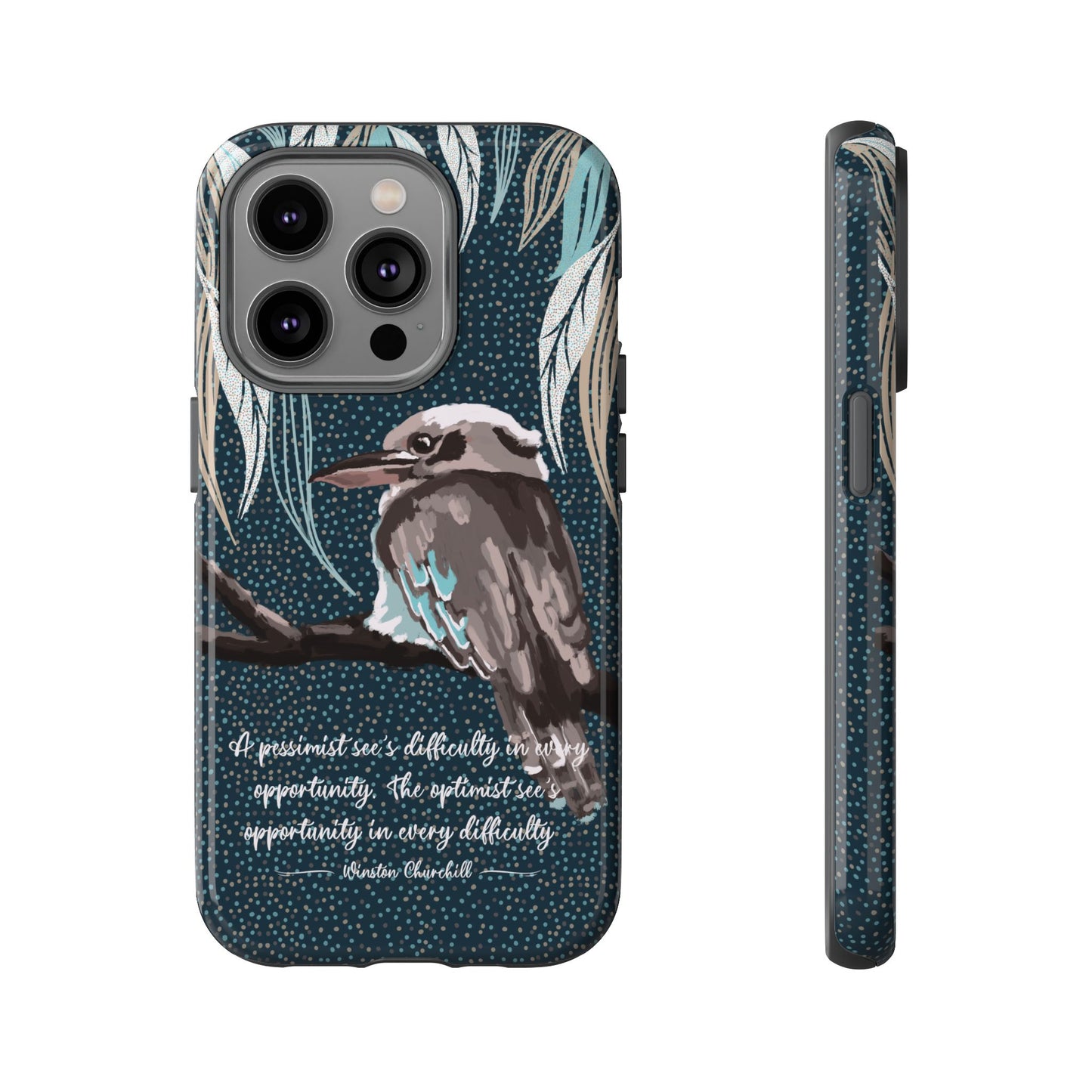 Phone tough case with hand drawn artwork and personalised text - Kookaburra design