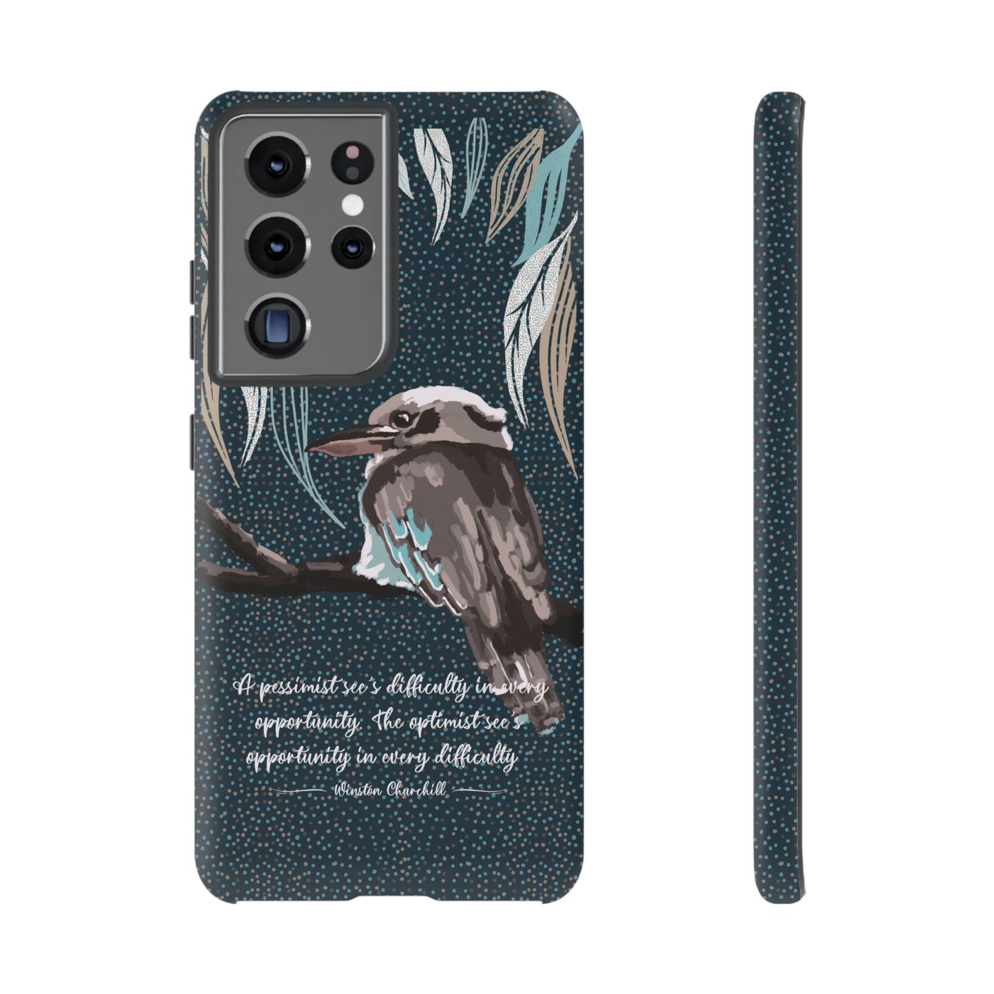 Phone tough case with hand drawn artwork and personalised text - Kookaburra design