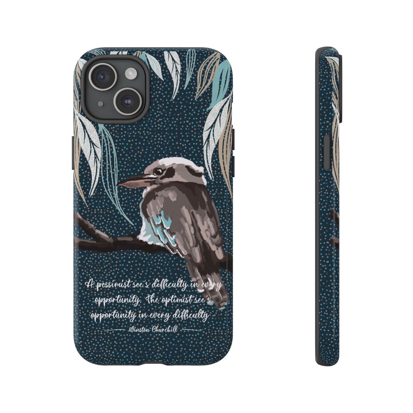 Phone tough case with hand drawn artwork and personalised text - Kookaburra design