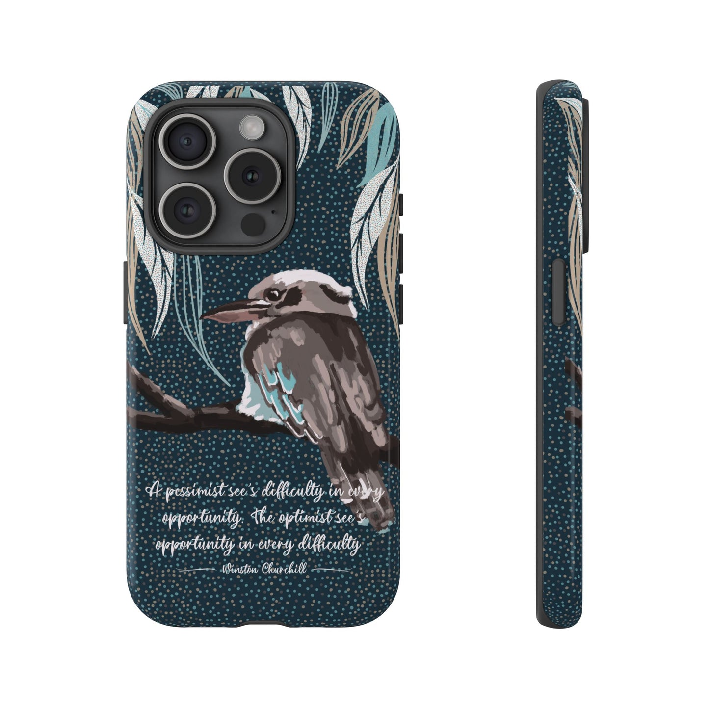 Phone tough case with hand drawn artwork and personalised text - Kookaburra design