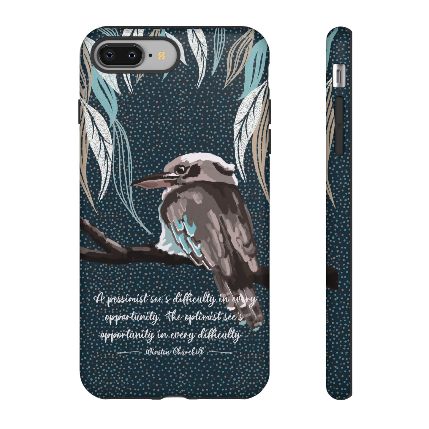 Phone tough case with hand drawn artwork and personalised text - Kookaburra design