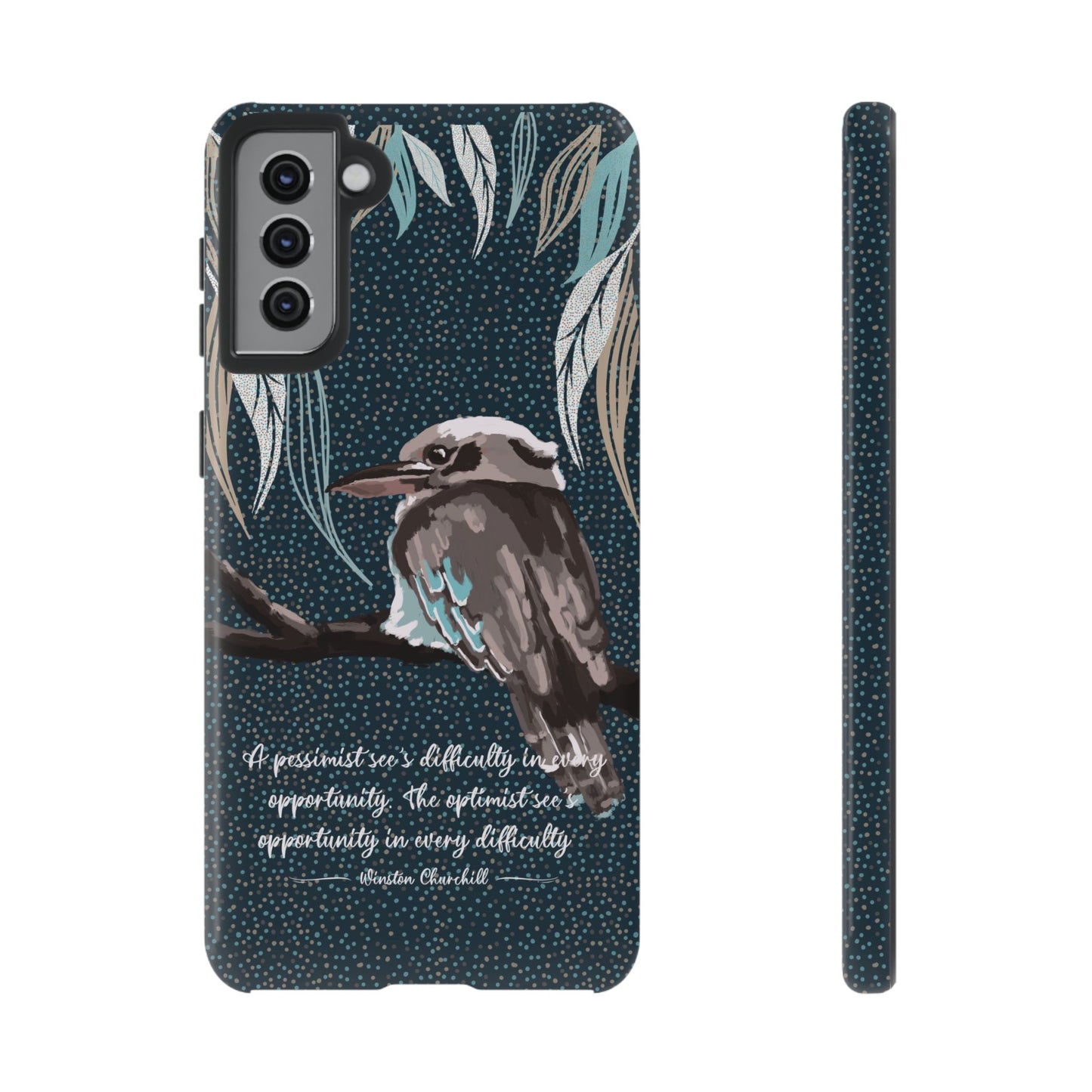 Phone tough case with hand drawn artwork and personalised text - Kookaburra design