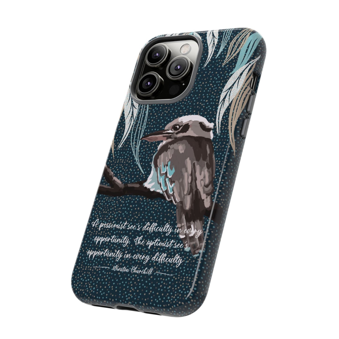 Phone tough case with hand drawn artwork and personalised text - Kookaburra design