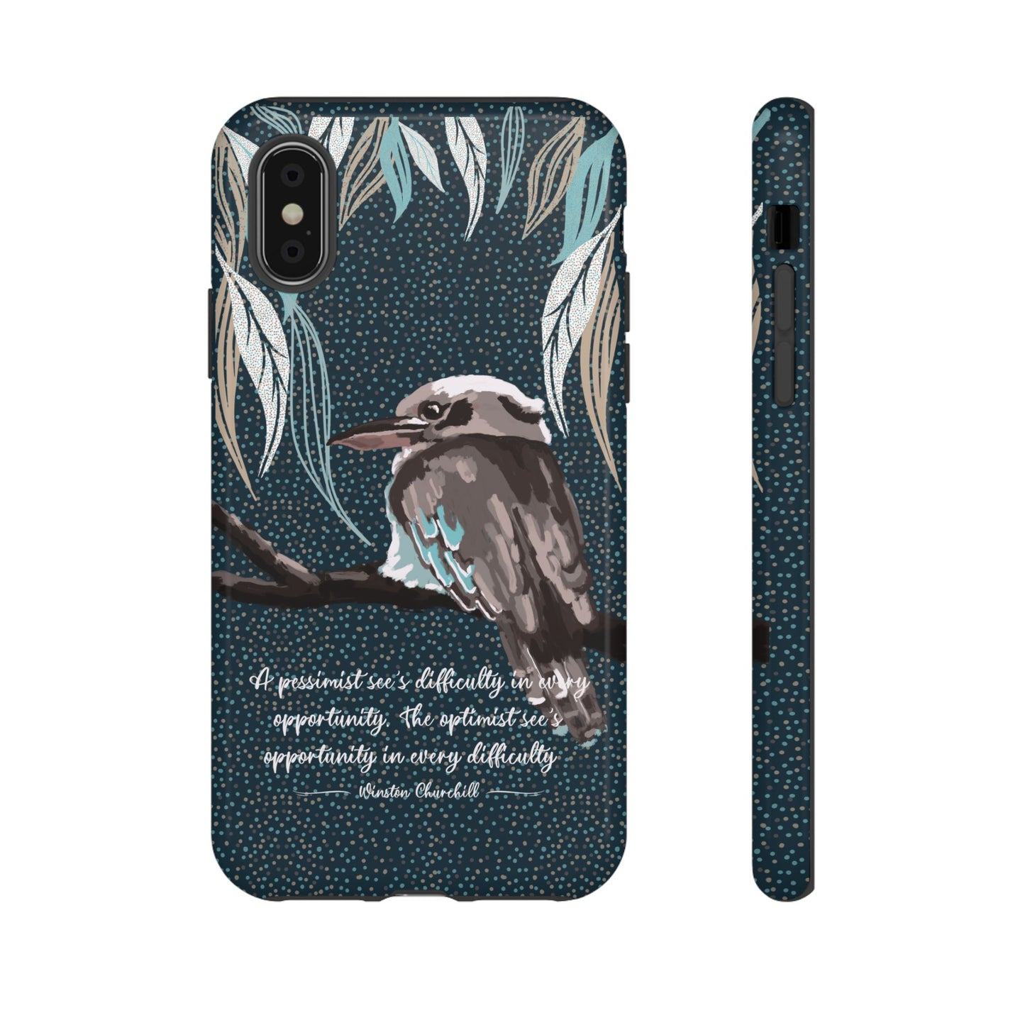 Phone tough case with hand drawn artwork and personalised text - Kookaburra design