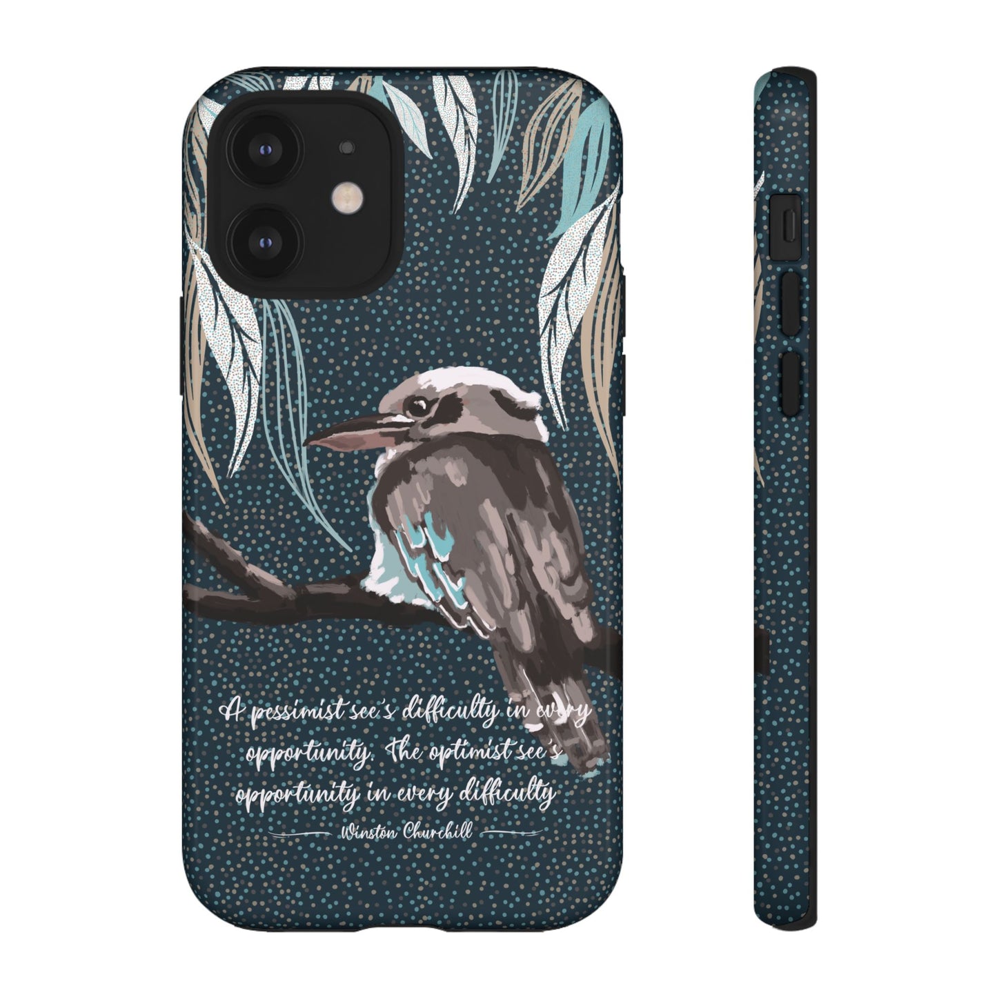 Phone tough case with hand drawn artwork and personalised text - Kookaburra design