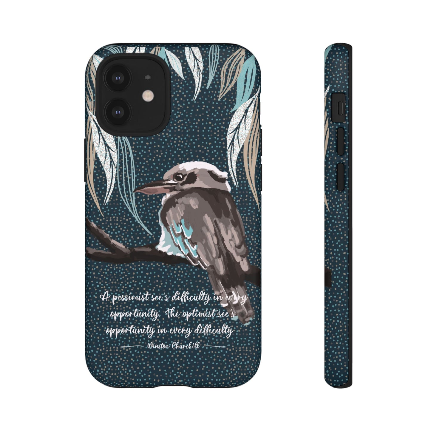 Phone tough case with hand drawn artwork and personalised text - Kookaburra design