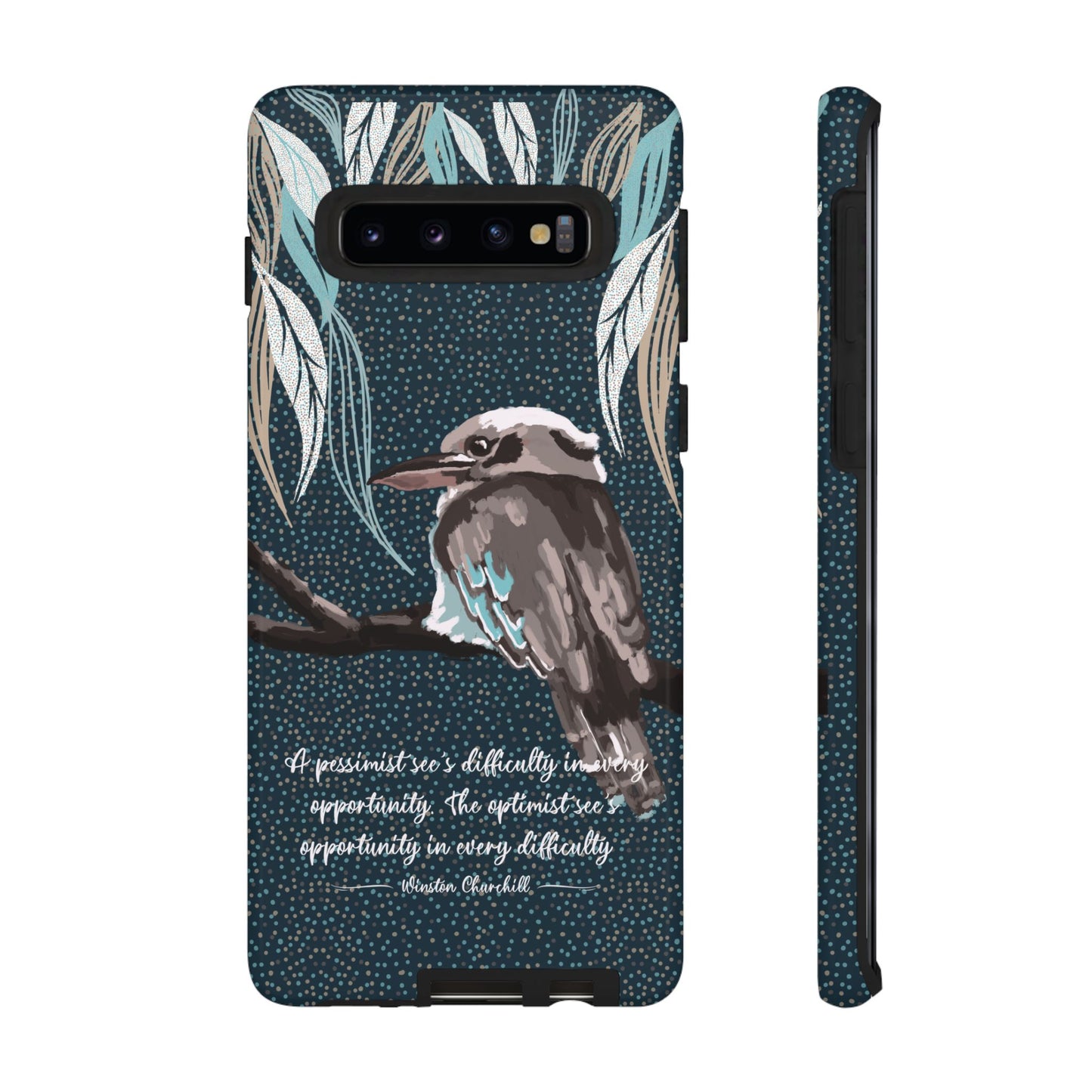 Phone tough case with hand drawn artwork and personalised text - Kookaburra design