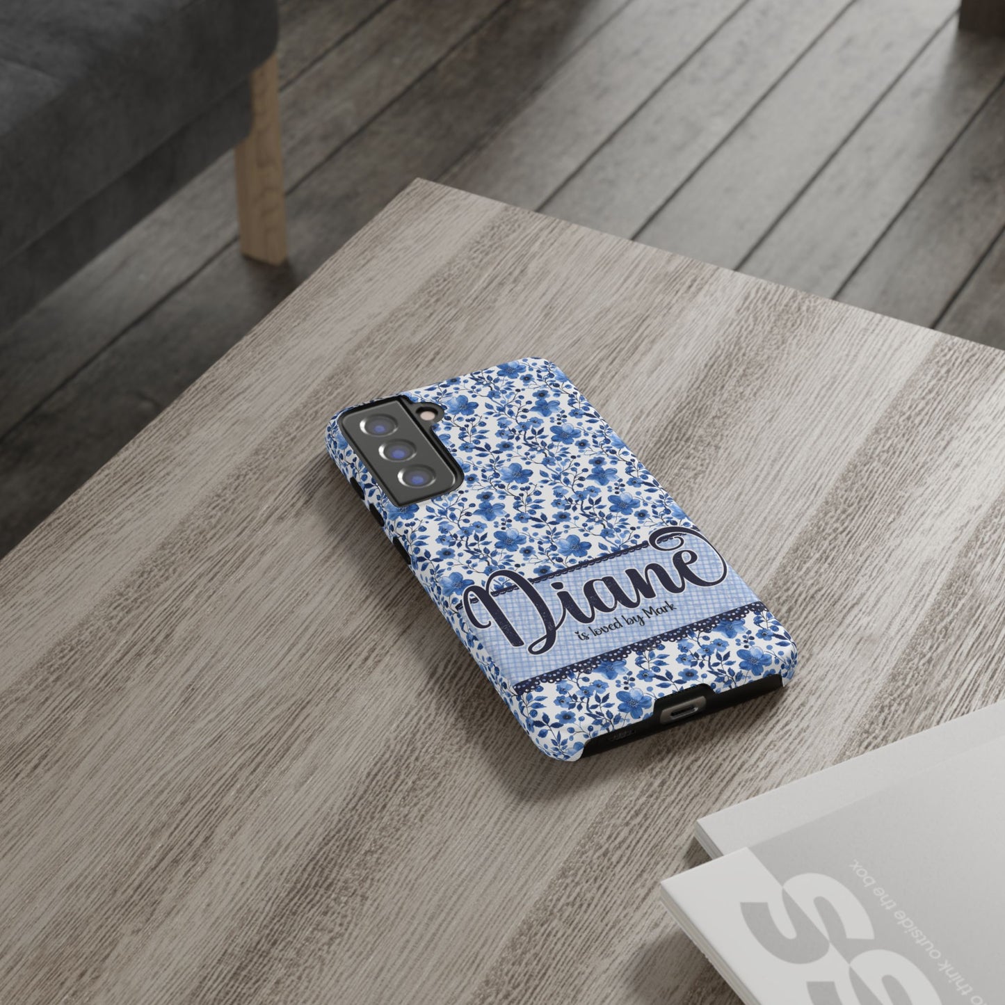 Personalised phone tough case - blue cottagecore floral design