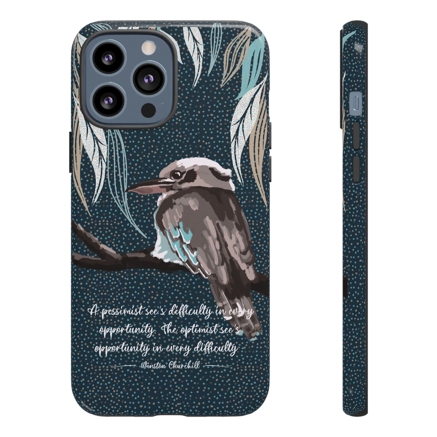 Phone tough case with hand drawn artwork and personalised text - Kookaburra design