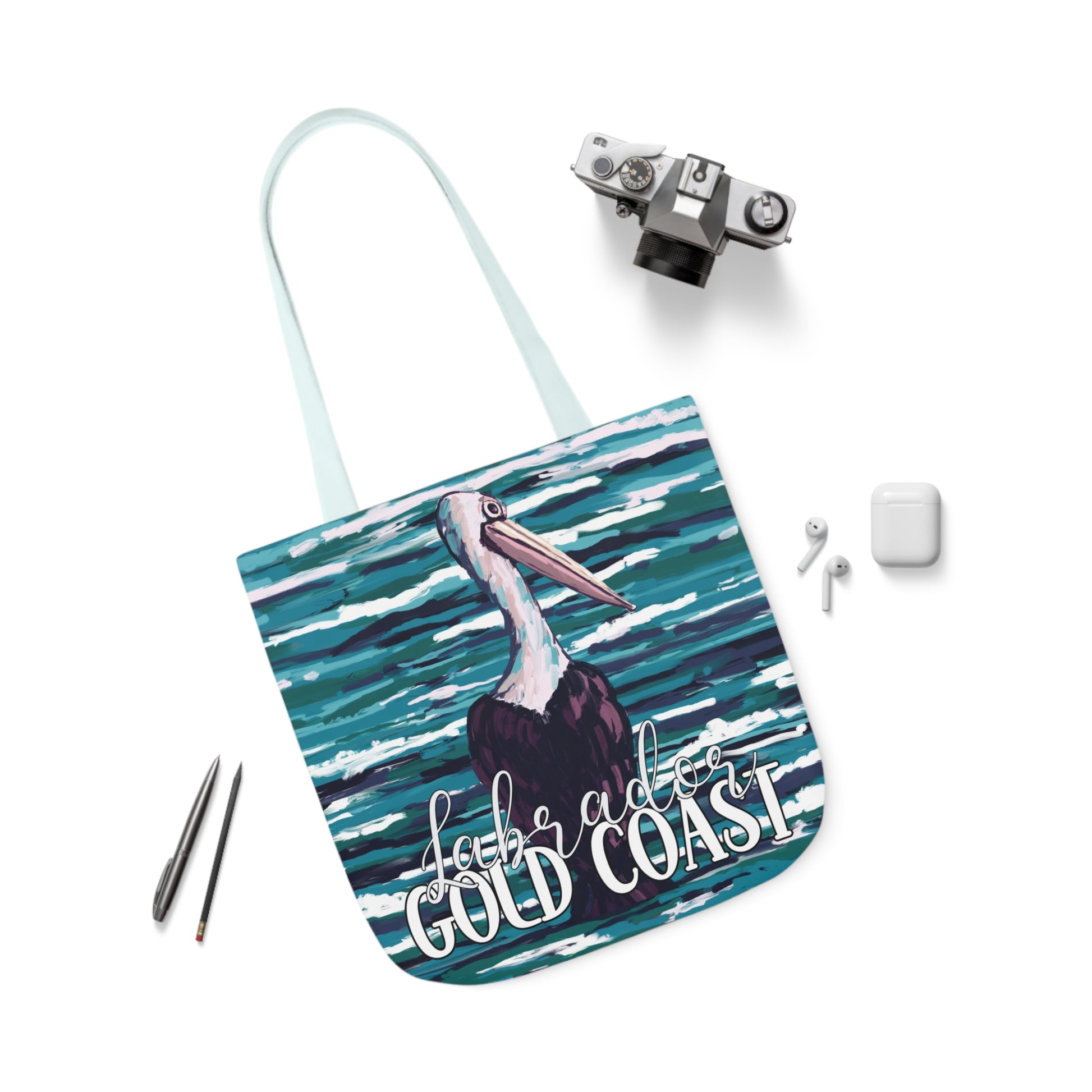 Australian Souvenir Canvas Tote Bag - Gold Coast Pelican hand drawn artwork - Solei Designs