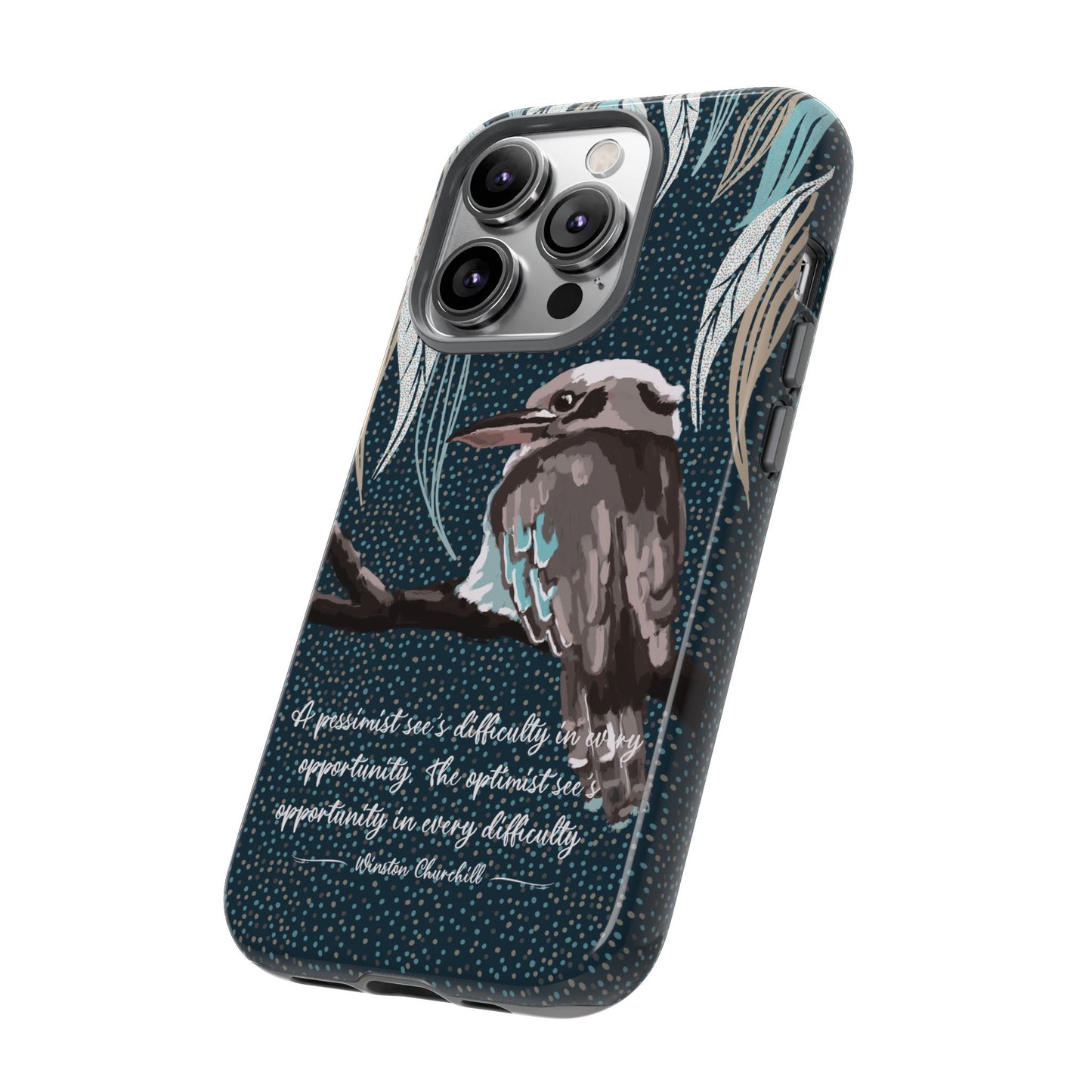 Phone tough case with hand drawn artwork and personalised text - Kookaburra design