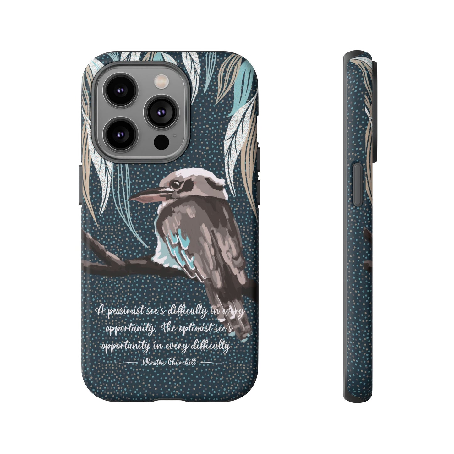 Phone tough case with hand drawn artwork and personalised text - Kookaburra design