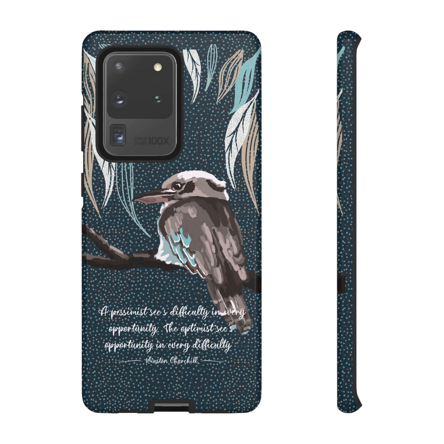 Phone tough case with hand drawn artwork and personalised text - Kookaburra design