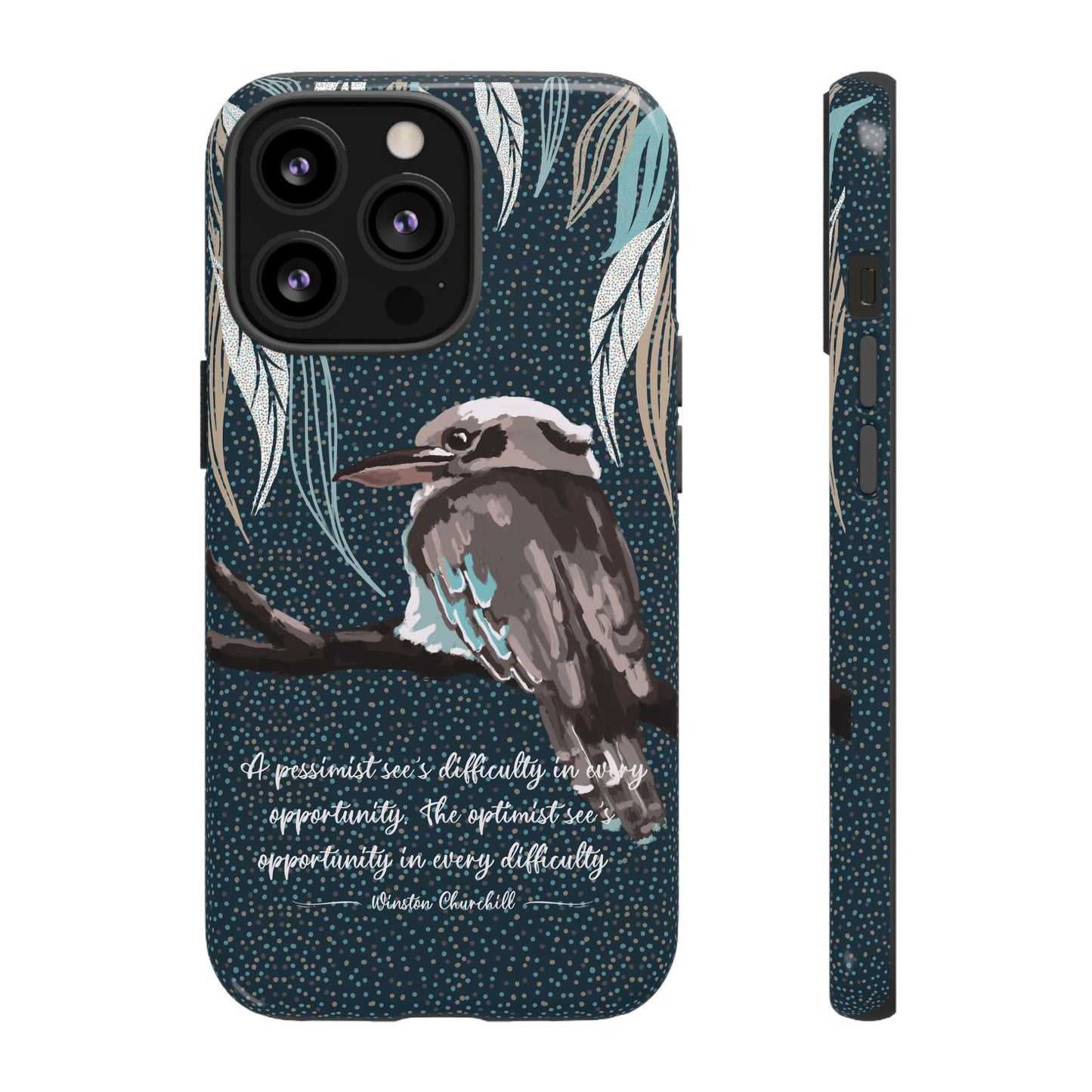 Phone tough case with hand drawn artwork and personalised text - Kookaburra design