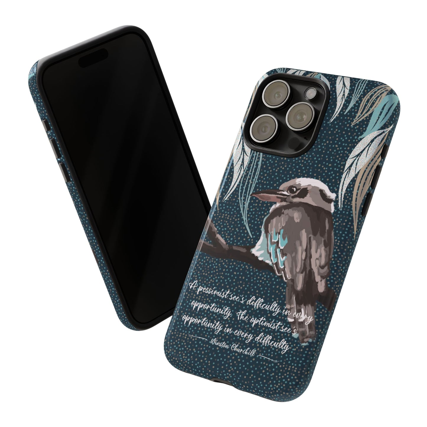 Phone tough case with hand drawn artwork and personalised text - Kookaburra design