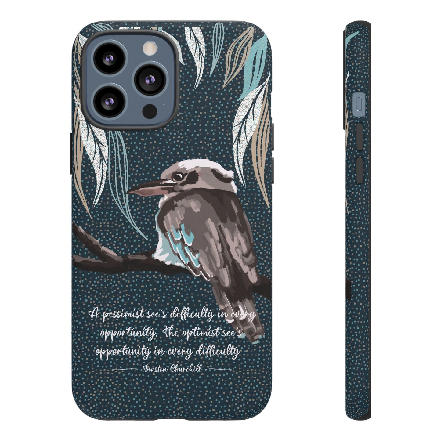 Phone tough case with hand drawn artwork and personalised text - Kookaburra design