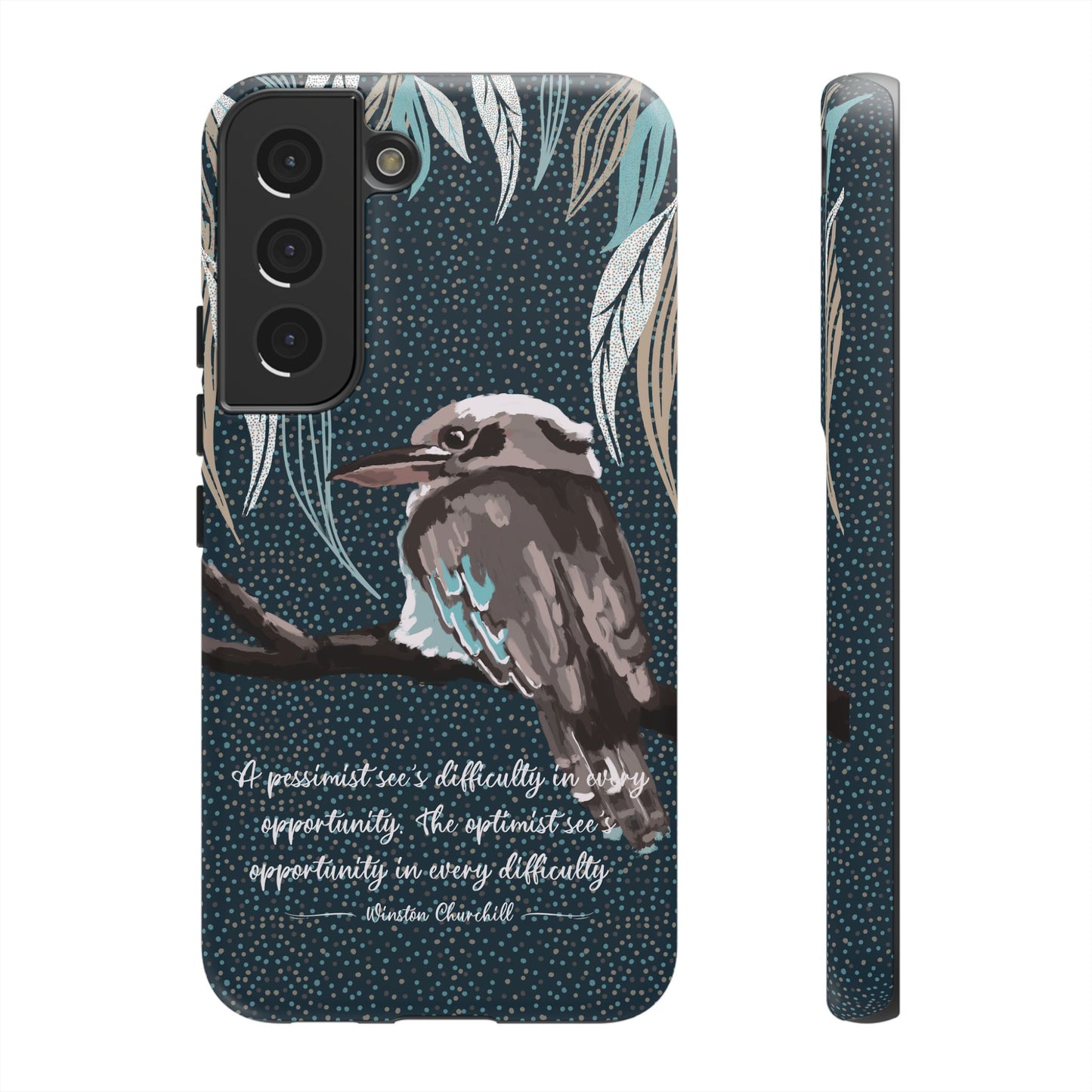 Phone tough case with hand drawn artwork and personalised text - Kookaburra design