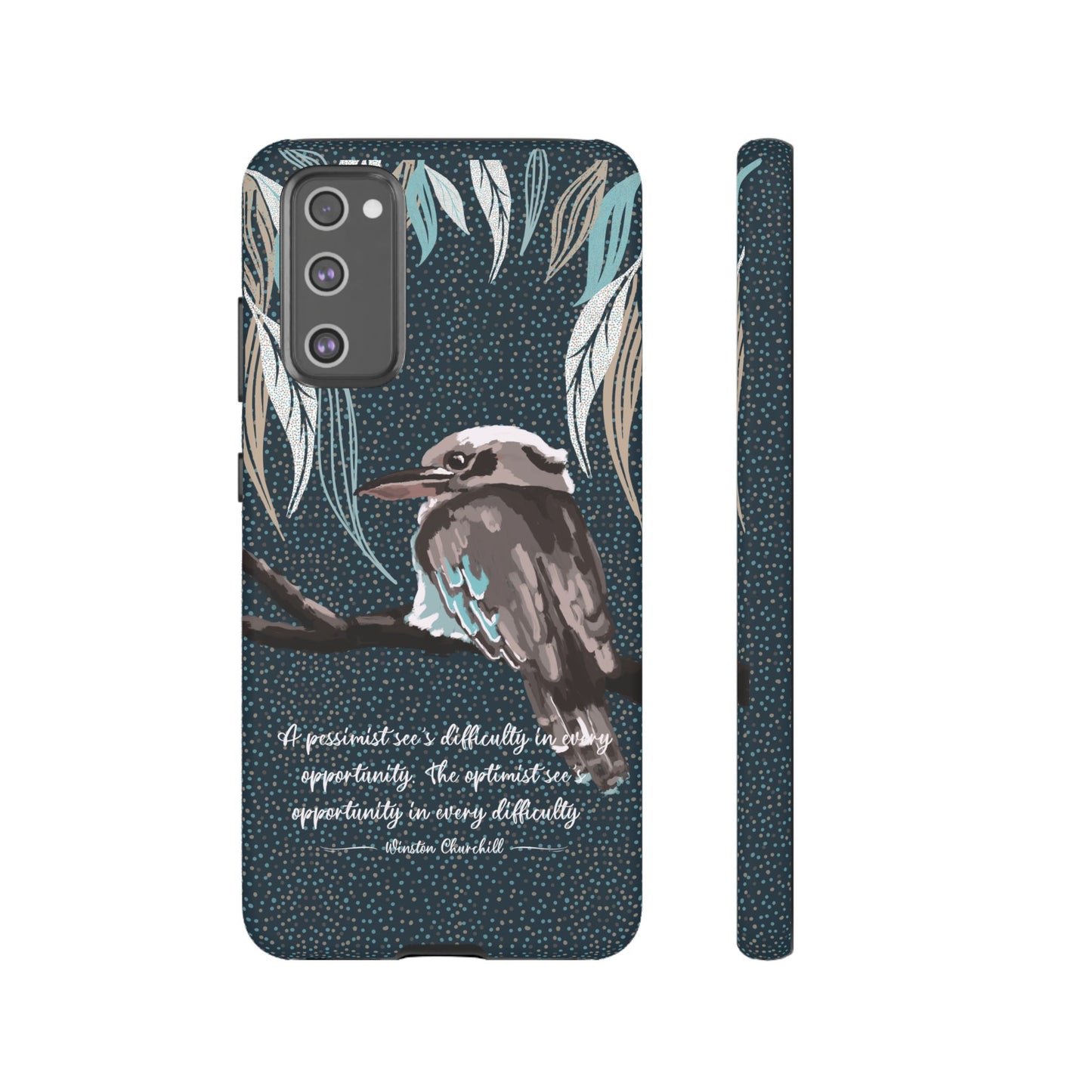 Phone tough case with hand drawn artwork and personalised text - Kookaburra design