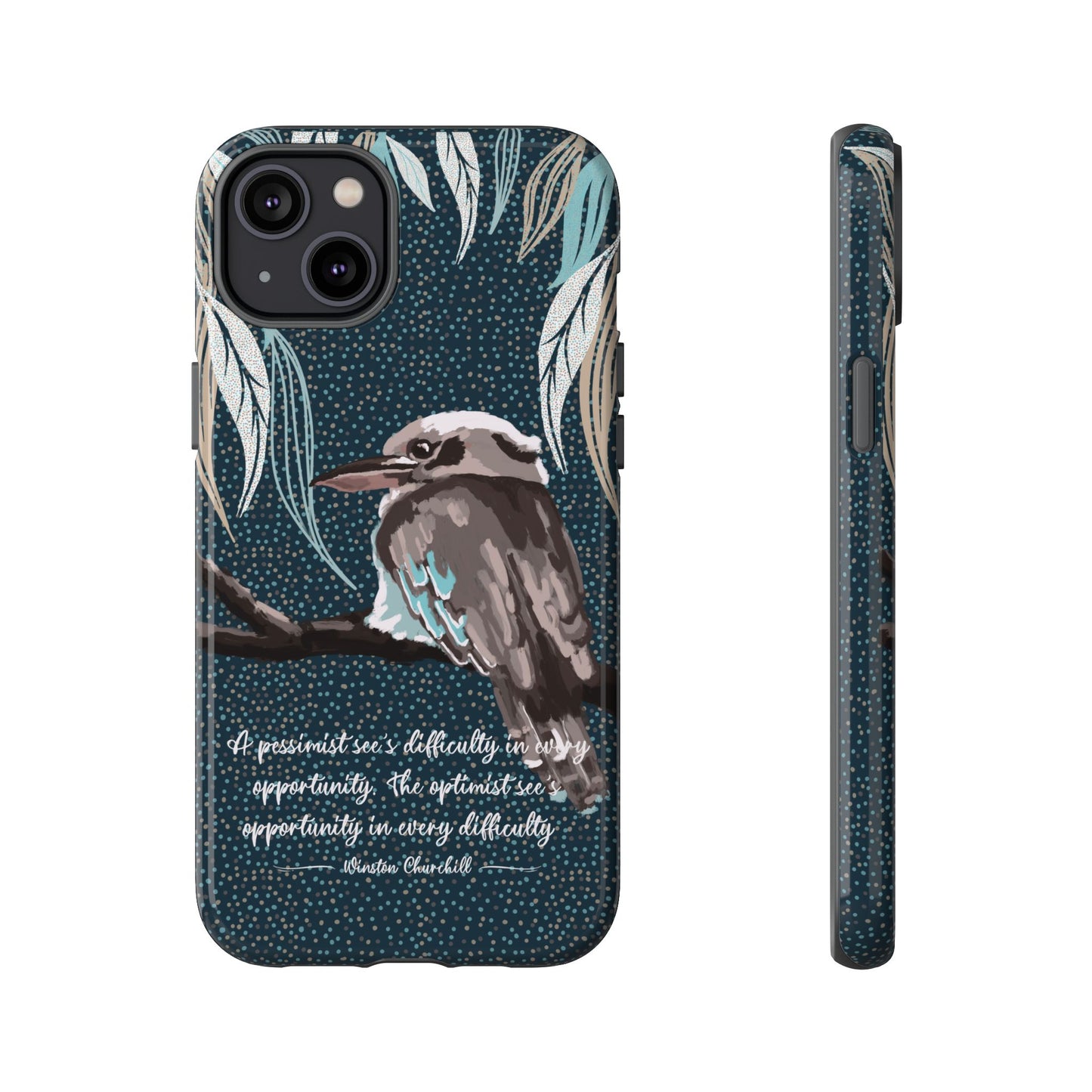 Phone tough case with hand drawn artwork and personalised text - Kookaburra design