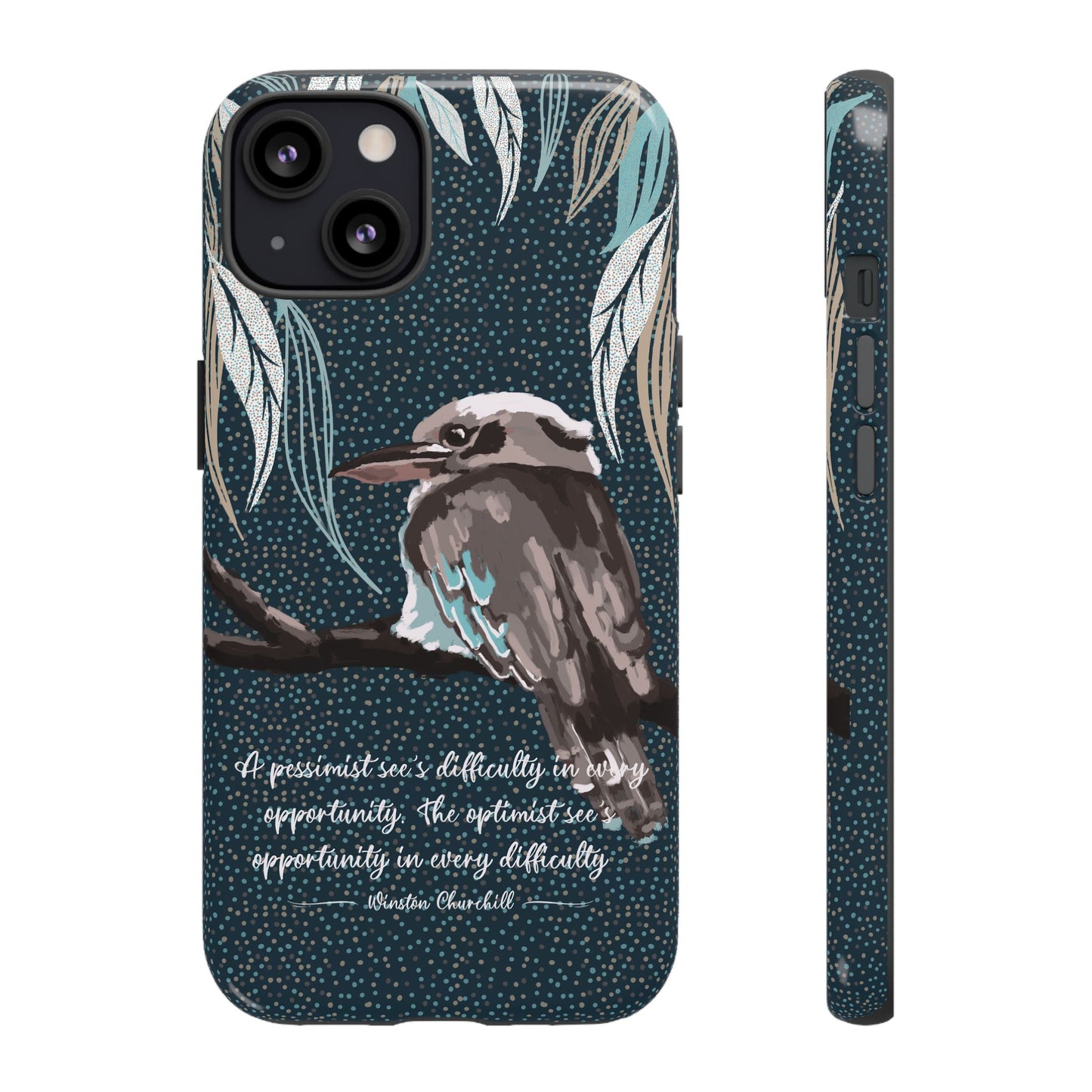 Phone tough case with hand drawn artwork and personalised text - Kookaburra design