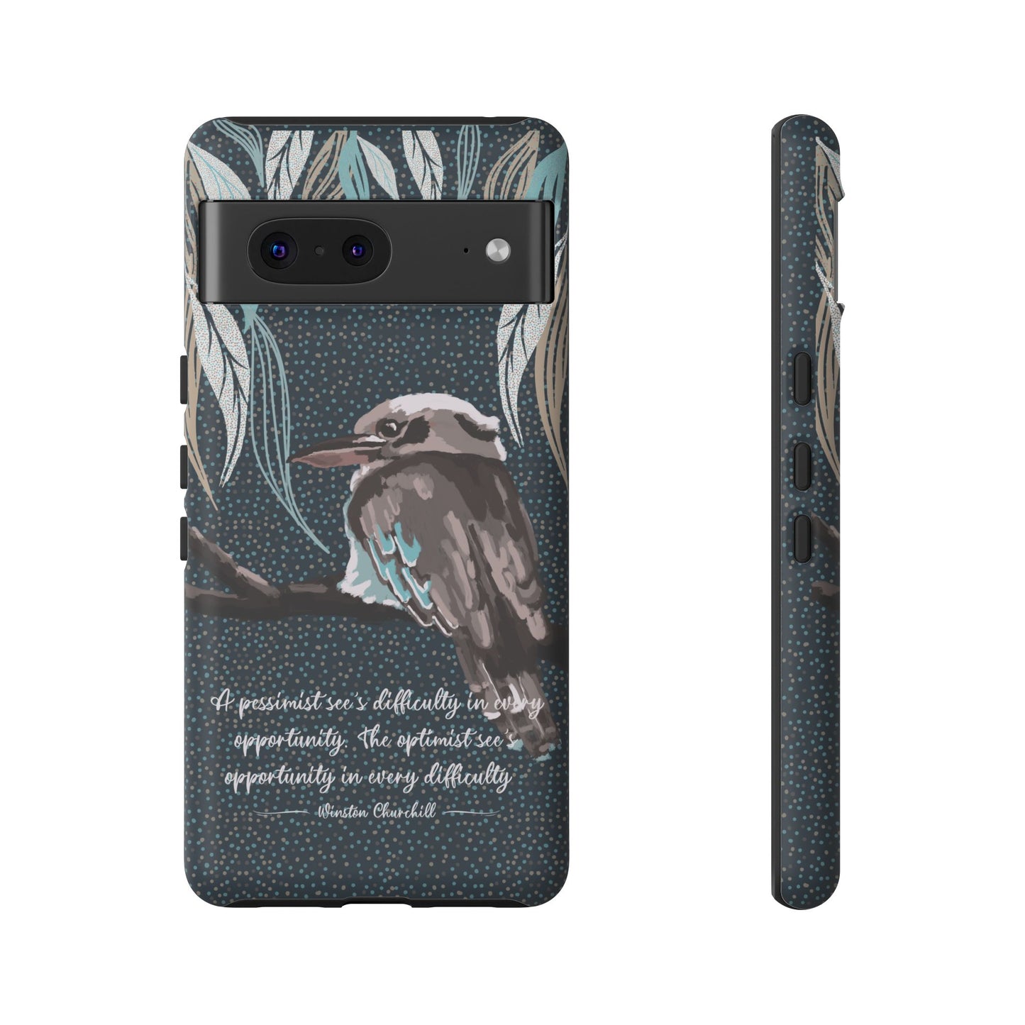 Phone tough case with hand drawn artwork and personalised text - Kookaburra design