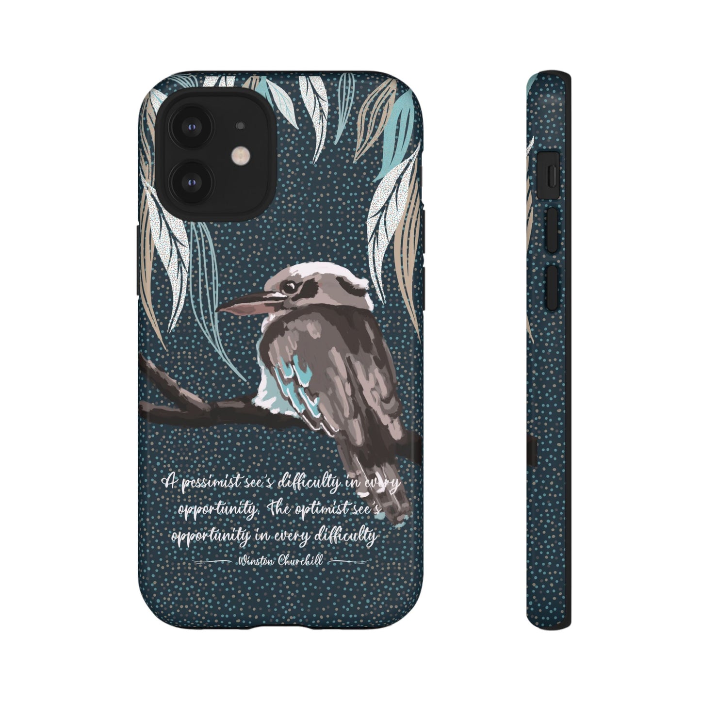 Phone tough case with hand drawn artwork and personalised text - Kookaburra design