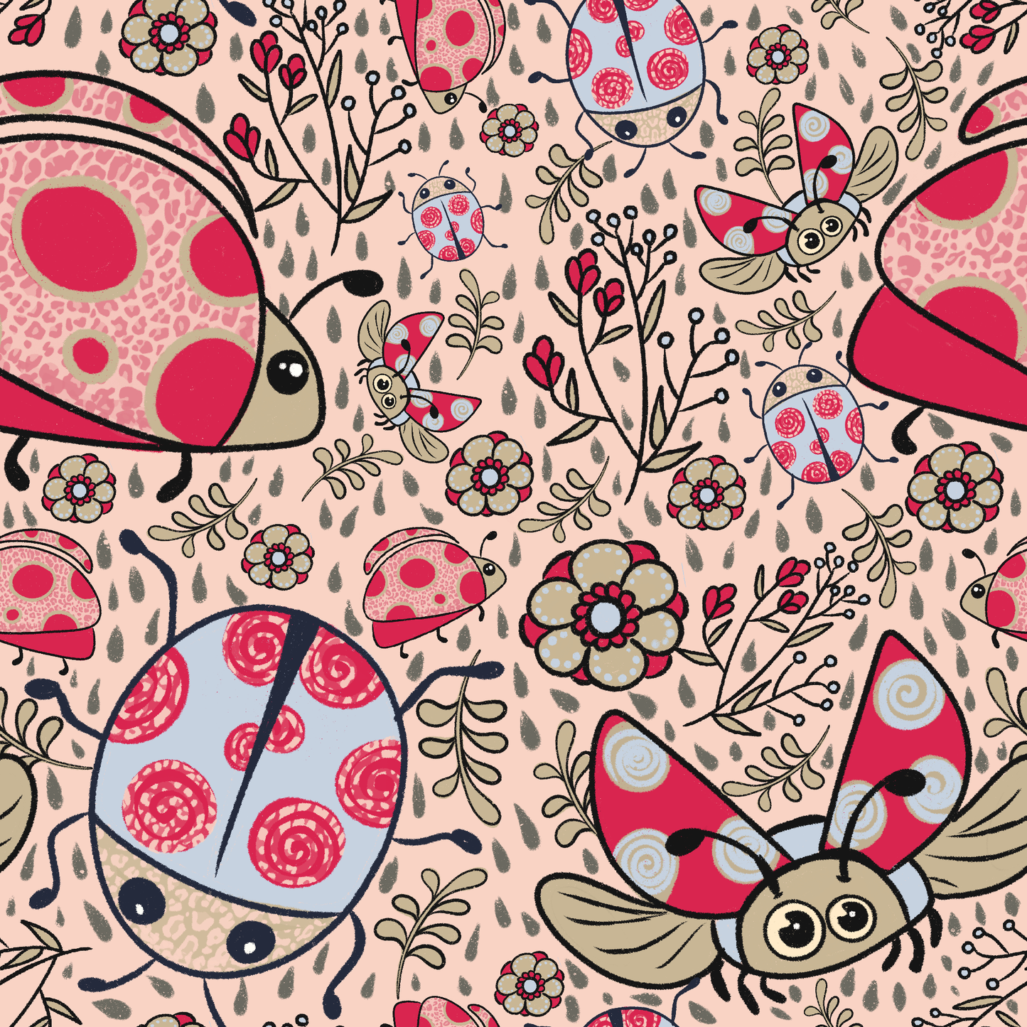 Lady bugs in the rain seamless surface pattern