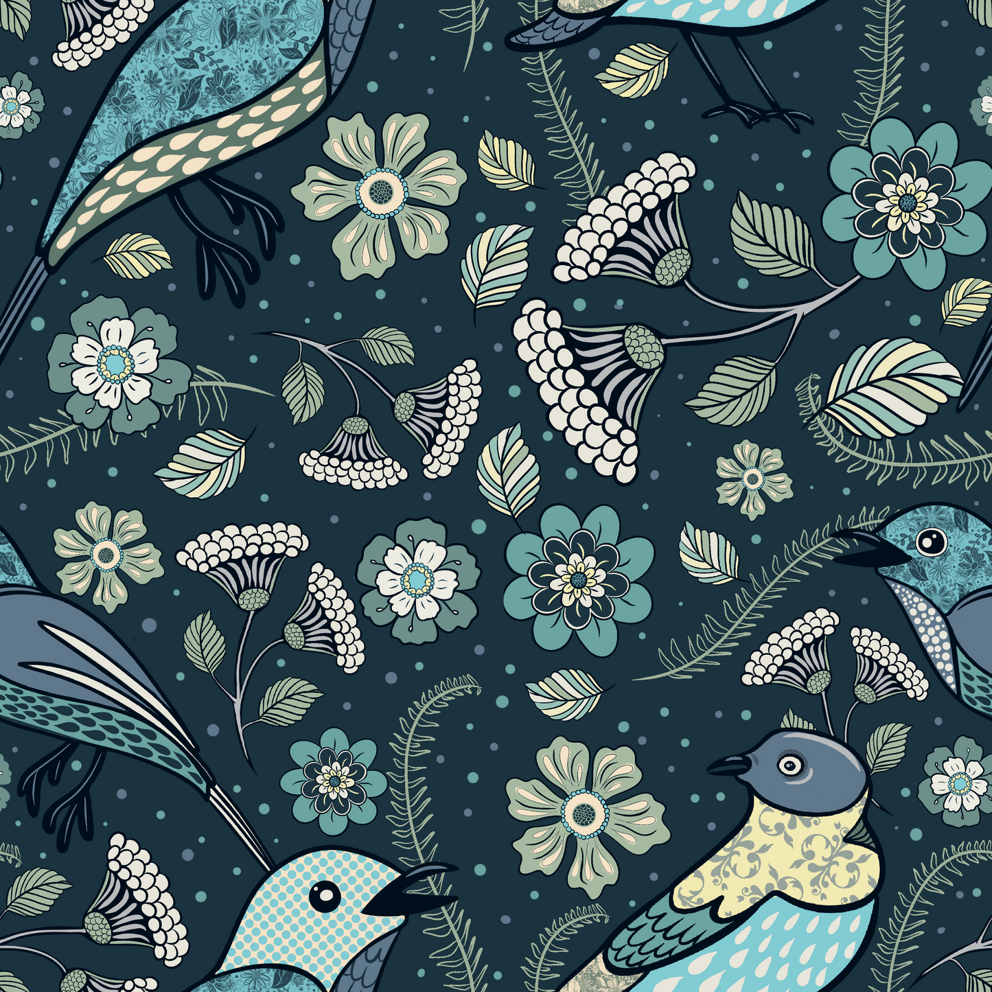 Patchwork Birds seamless repeating pattern, hand drawn - Solei Designs