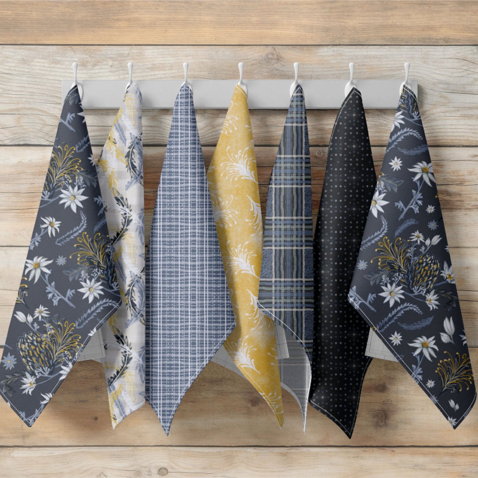 Banksia Blue Collection - SET OF SEVEN (7) - 100% Cotton Kitchen Tea Towel Set - Solei Designs