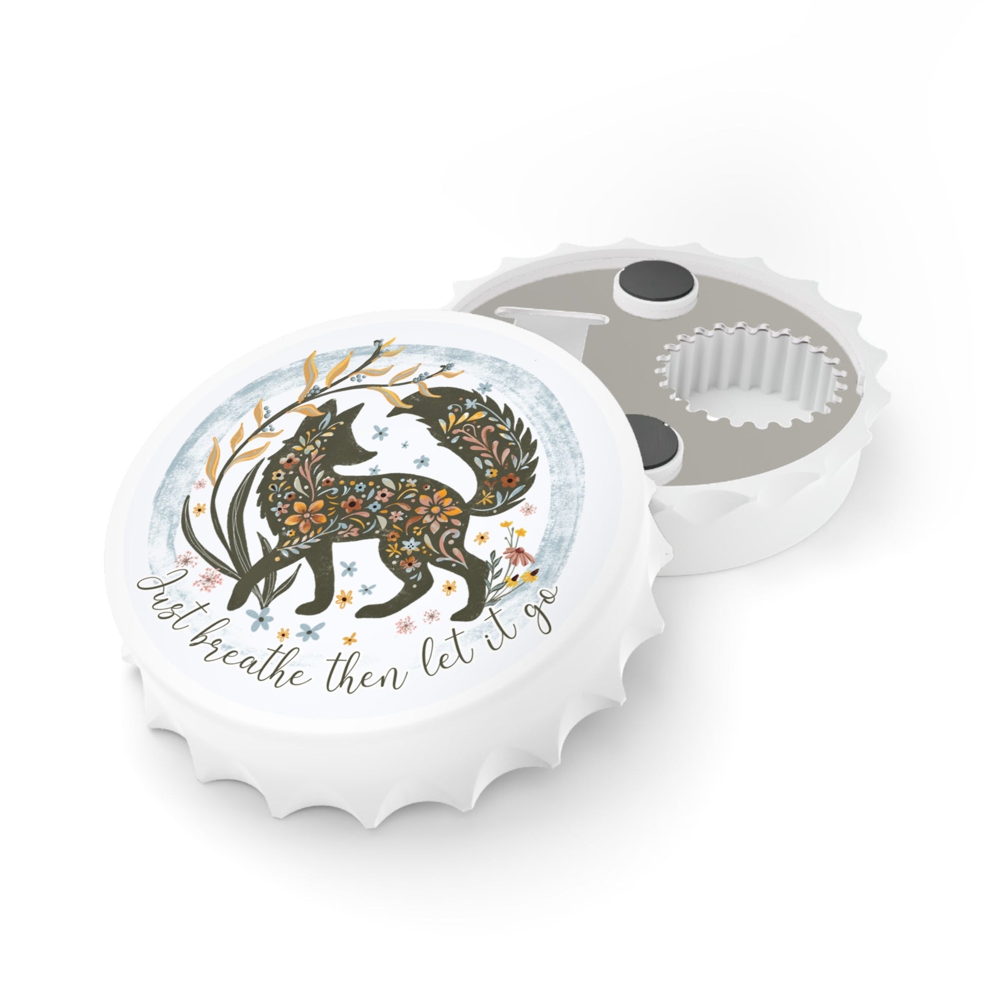 Bottle Opener - Floral Fox daily affirmation - Just Breathe & Let It Go - Solei Designs