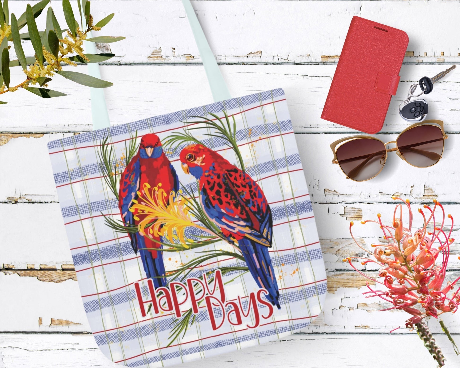 Crimson Rosella custom design Tote Bag - Hand drawn artwork & custom text available - Solei Designs