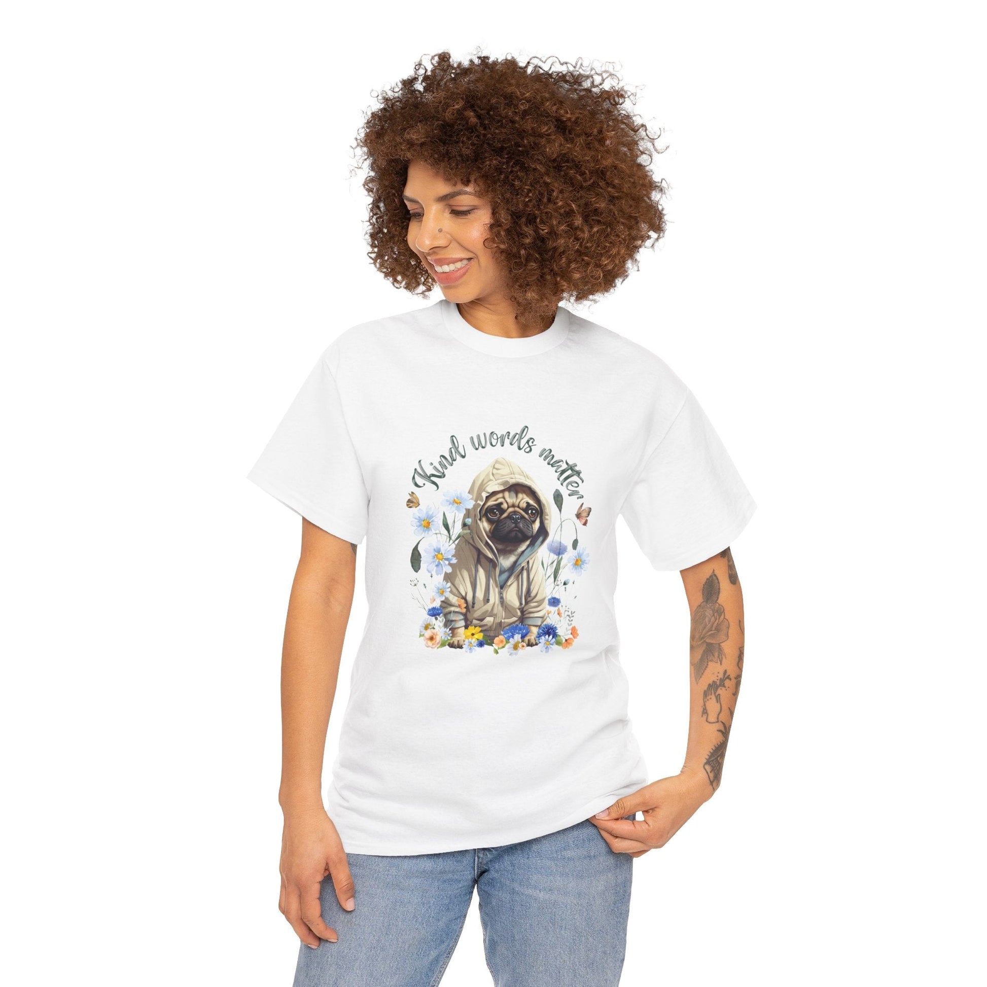 Kind Word Matter cut pug dog with wildflowers - positive self expression t shirt - Solei Designs