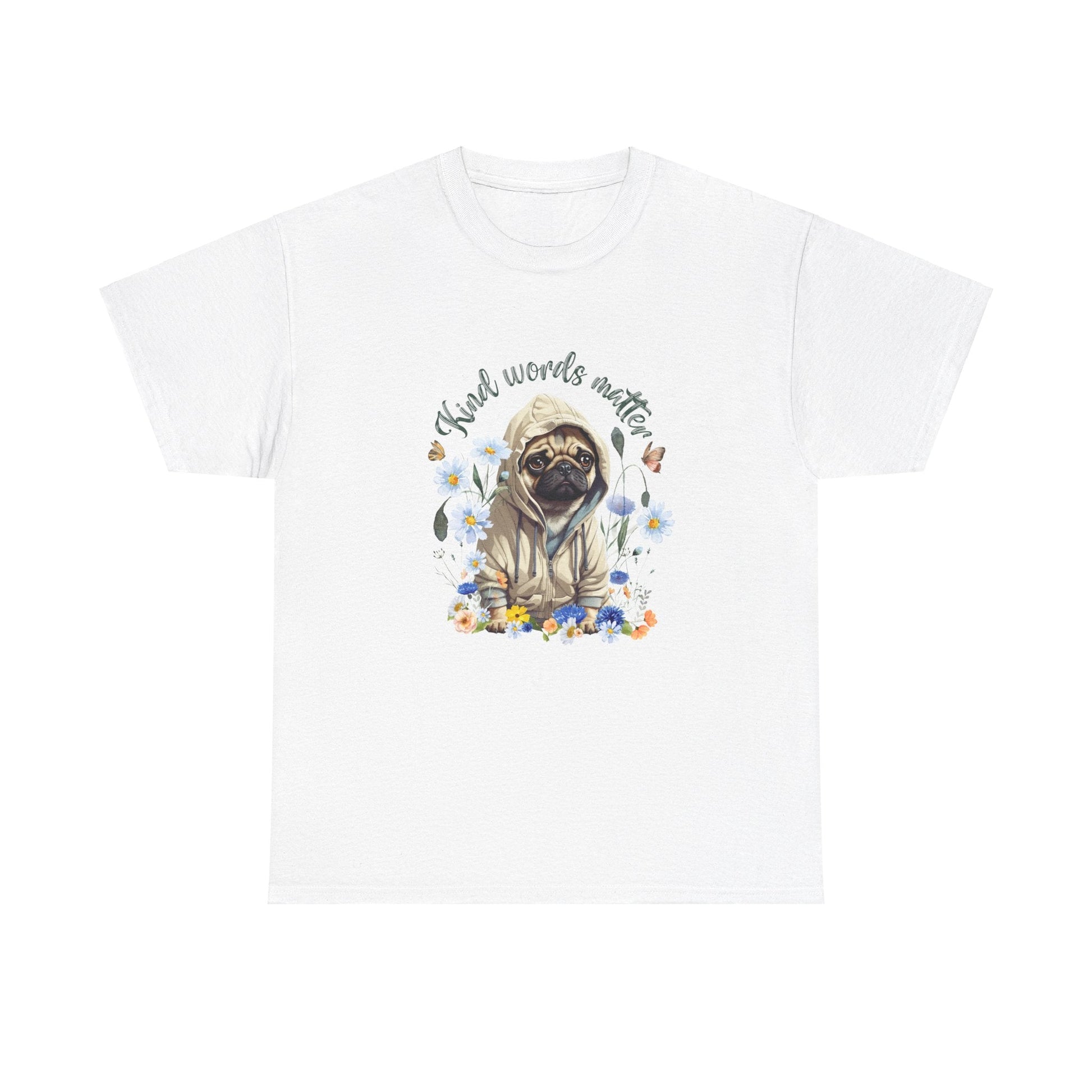 Kind Word Matter cut pug dog with wildflowers - positive self expression t shirt - Solei Designs