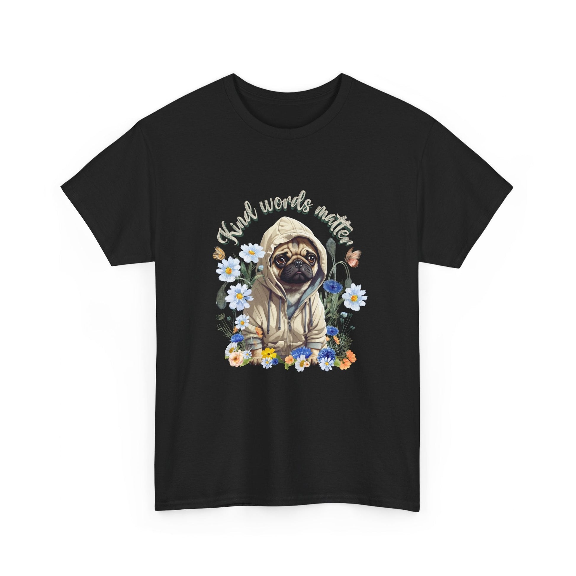 Kind Word Matter cut pug dog with wildflowers - positive self expression t shirt - Solei Designs