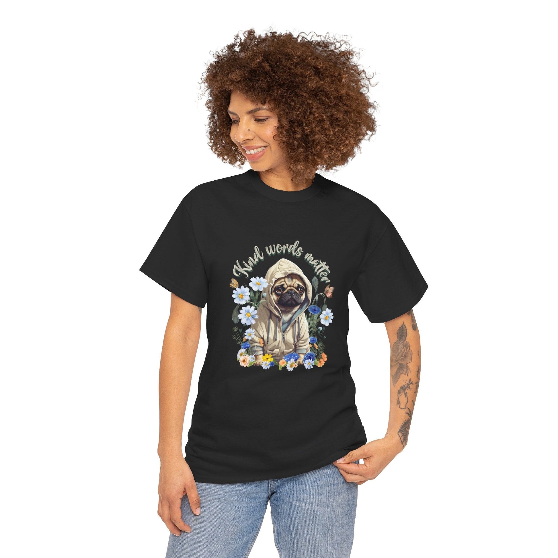 Kind Word Matter cut pug dog with wildflowers - positive self expression t shirt - Solei Designs