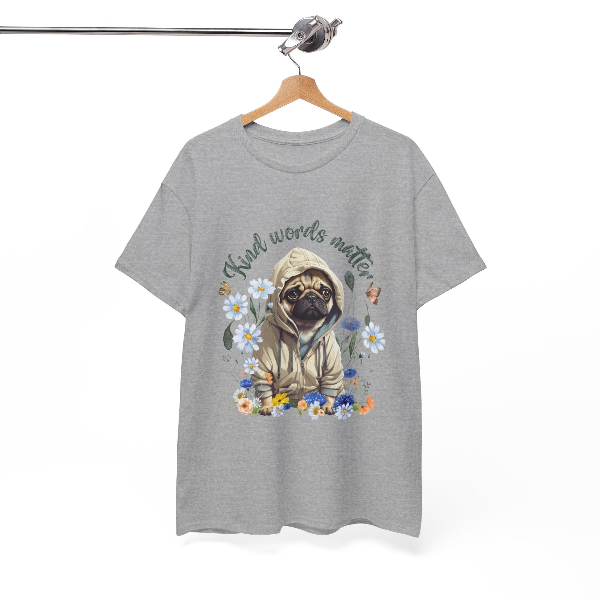 Kind Word Matter cut pug dog with wildflowers - positive self expression t shirt - Solei Designs