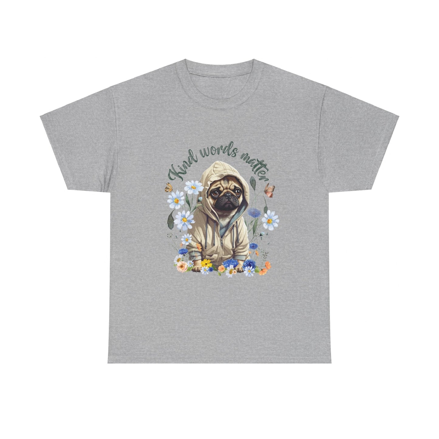 Kind Word Matter cut pug dog with wildflowers - positive self expression t shirt - Solei Designs