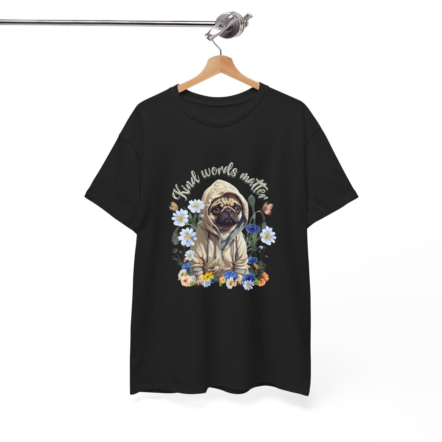 Kind Word Matter cut pug dog with wildflowers - positive self expression t shirt - Solei Designs