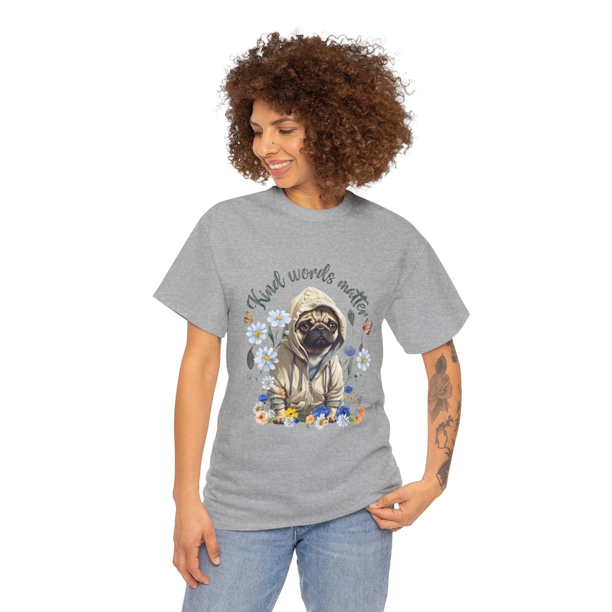 Kind Word Matter cut pug dog with wildflowers - positive self expression t shirt - Solei Designs